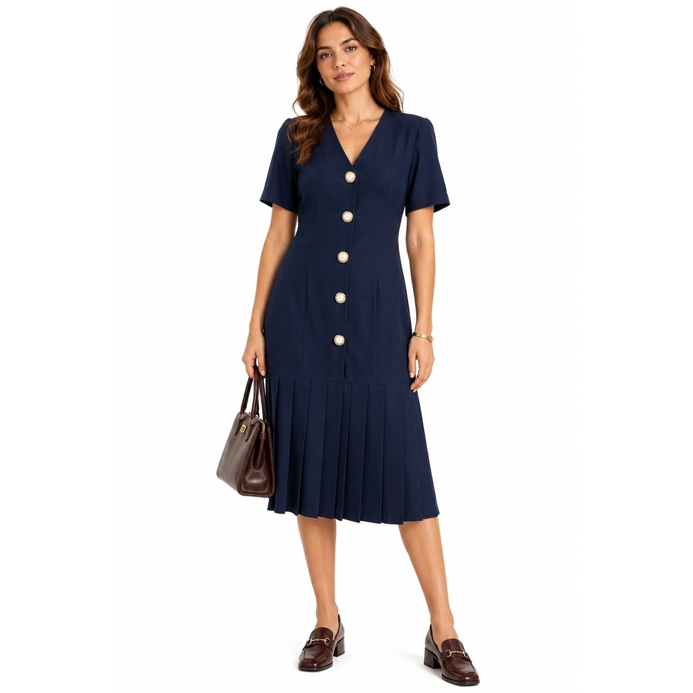 Lanz Originals Vintage Midi Dress 4 Navy Pleated Pearl Button Preppy 80s
